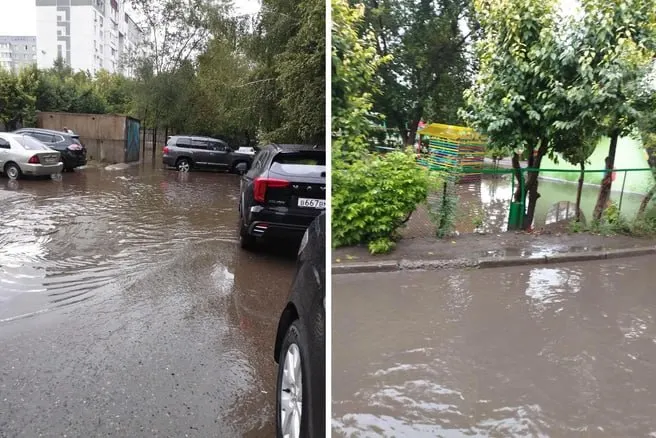 Город снова страдает от дождевого подтопления: по городу стоят огромные лужи, у входа в детсад №139 образуется вода.