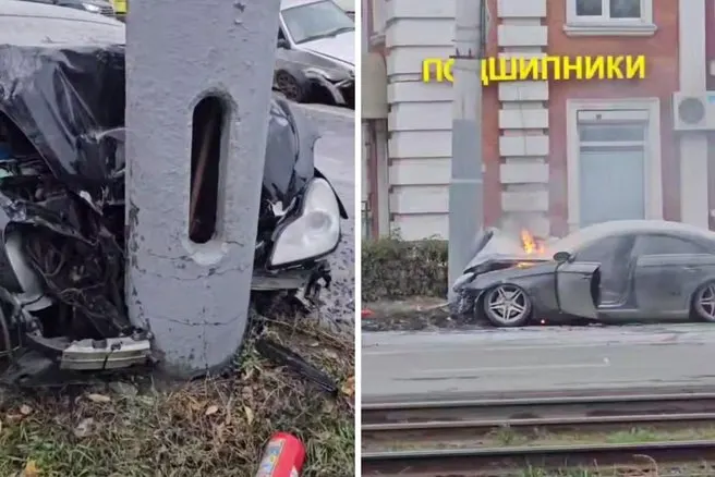 Mercedes столкнулся с другой машиной на улице Богдана Хмельницкого, после чего врезался в столб и загорелся. На месте работают пожарные и спасатели; водитель жив, подробности выясняются.