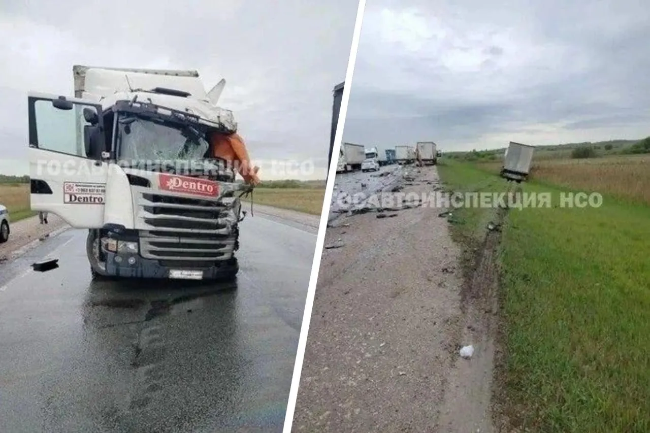 43‑летний водитель «Scania», следовавший из Омска в Новосибирск, уснул за рулём, выехал на встречную полосу и столкнулся с другой фурой и КАМАЗом; мужчина скончался на месте, движение по участку частично ограничено.
