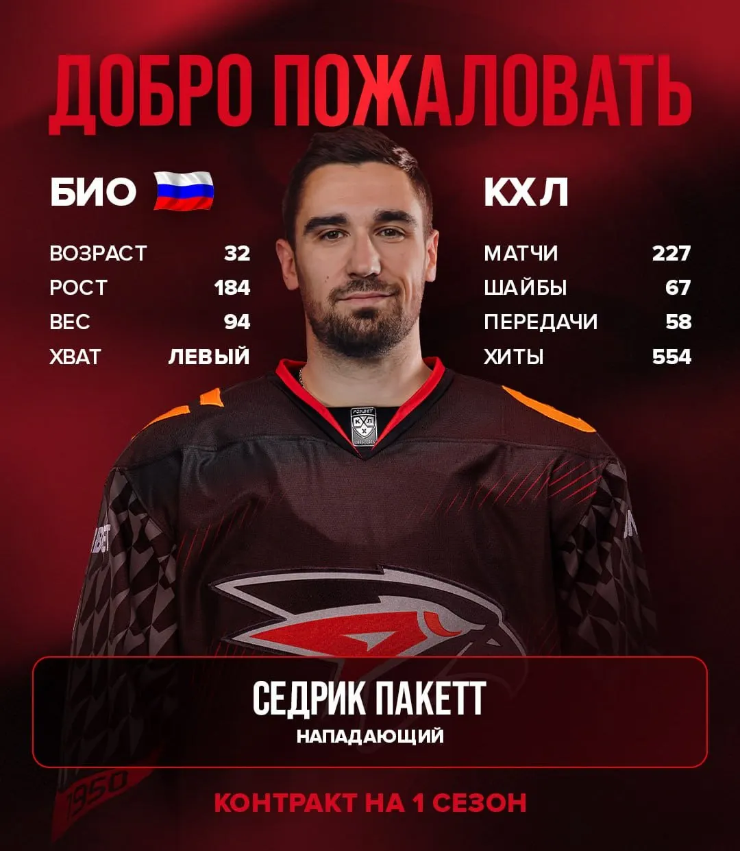 Омский хоккейный клуб заключил однолетний контракт с универсальным форвардом Сериком Пакеттом. Соглашение действует до 31 мая 2027 года.