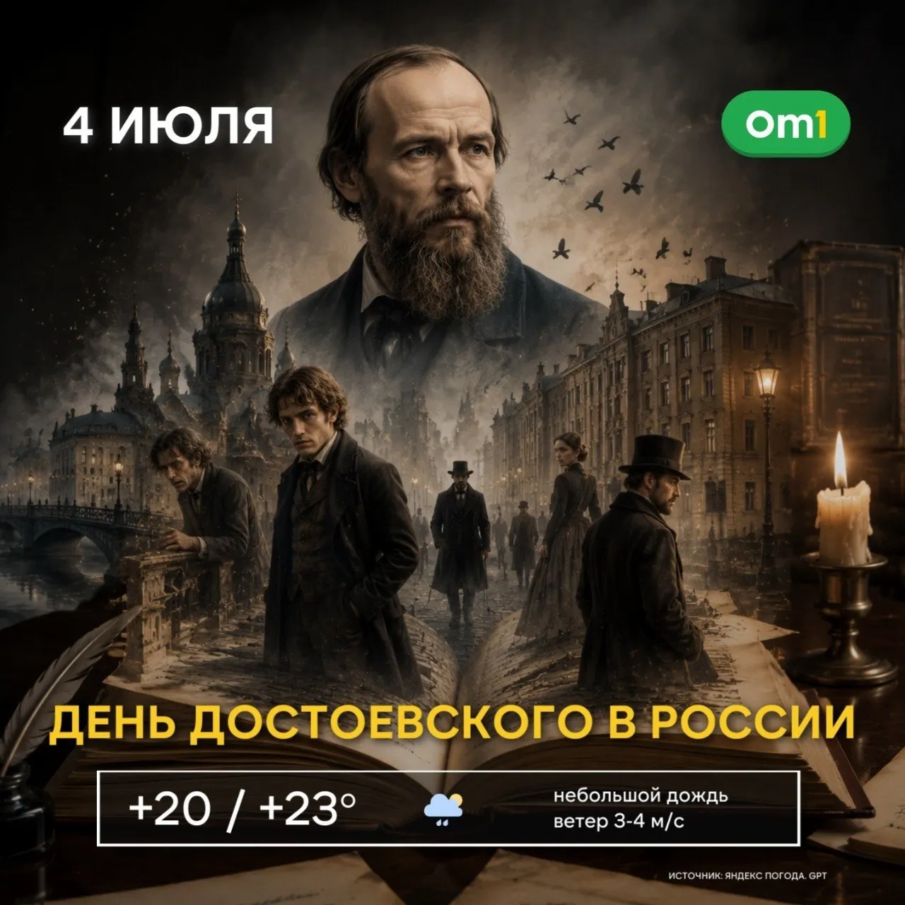 Первая суббота июля связана с событиями романа «Преступление и наказание», а к Омску это имеет историческую связь — Достоевский был в городе 6–9 июля 1859 года. В начале следующей недели стартует фестиваль «Дни Достоевского» с экскурсиями и лекциями.