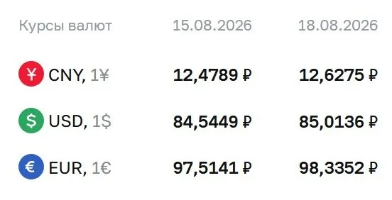 Доллар достиг 85,01 рубля, евро — 98,34 рубля, юань — 12,63 рубля; ЦБ отмечает расчеты по ряду инструментов.
