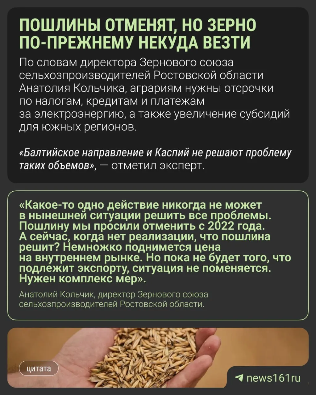 План обнуления пошлин на экспорт зерна до конца 2026 года не решает проблемы донских аграриев: переполненные элеваторы и задержки в портах снижают цены на зерно.
