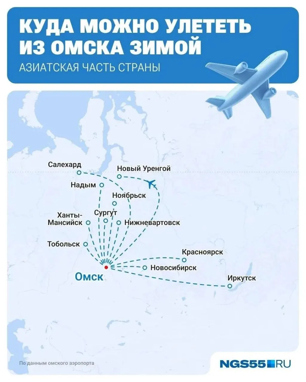С 25 октября по 27 марта опубликовано расписание зимних рейсов: прямые направления в Казахстан, Узбекистан, Турцию, Египет, Вьетнам и Таиланд; ежедневные полёты в Москву и Санкт-Петербург, чартеры и регулярные рейсы.